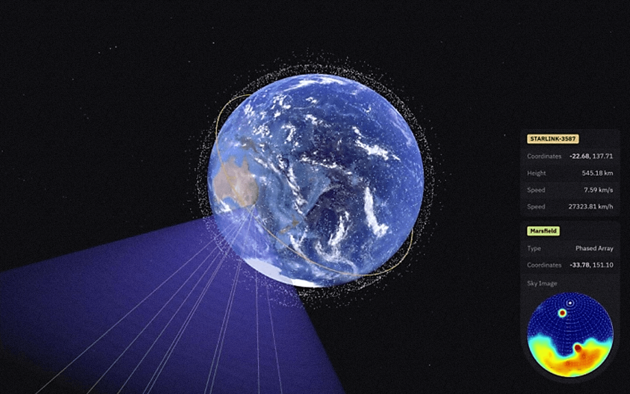 Screenshot of an early prototype of QSATs (formerly Quasar Satellite or QuasarSat) space domain awareness software portal.