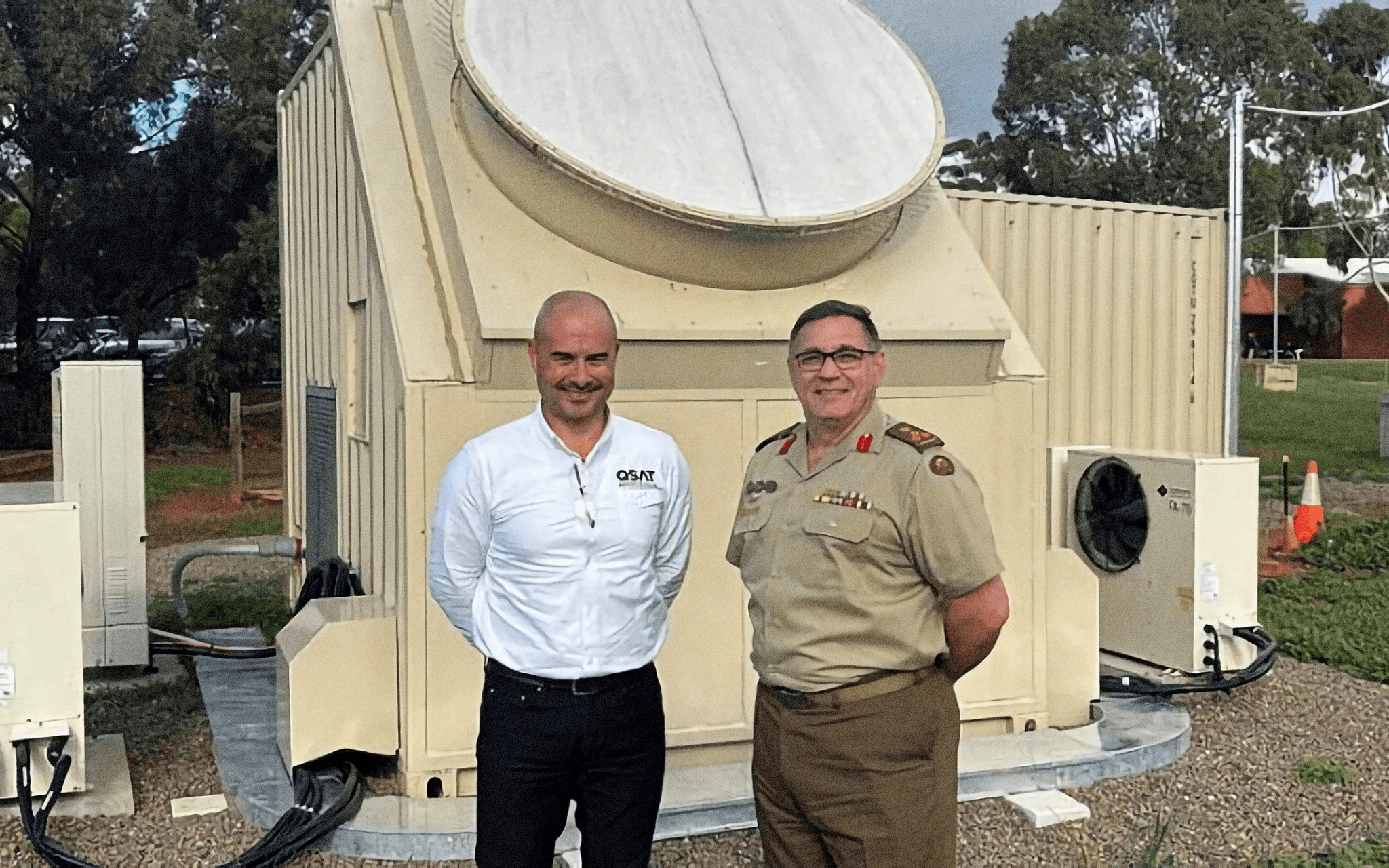 Director General Space Capability, Brigadier Hamish Ashman, and CEO of QSAT, Sean McCawley, at the SkyDome Space Domain Awareness sensor in South Australia.
