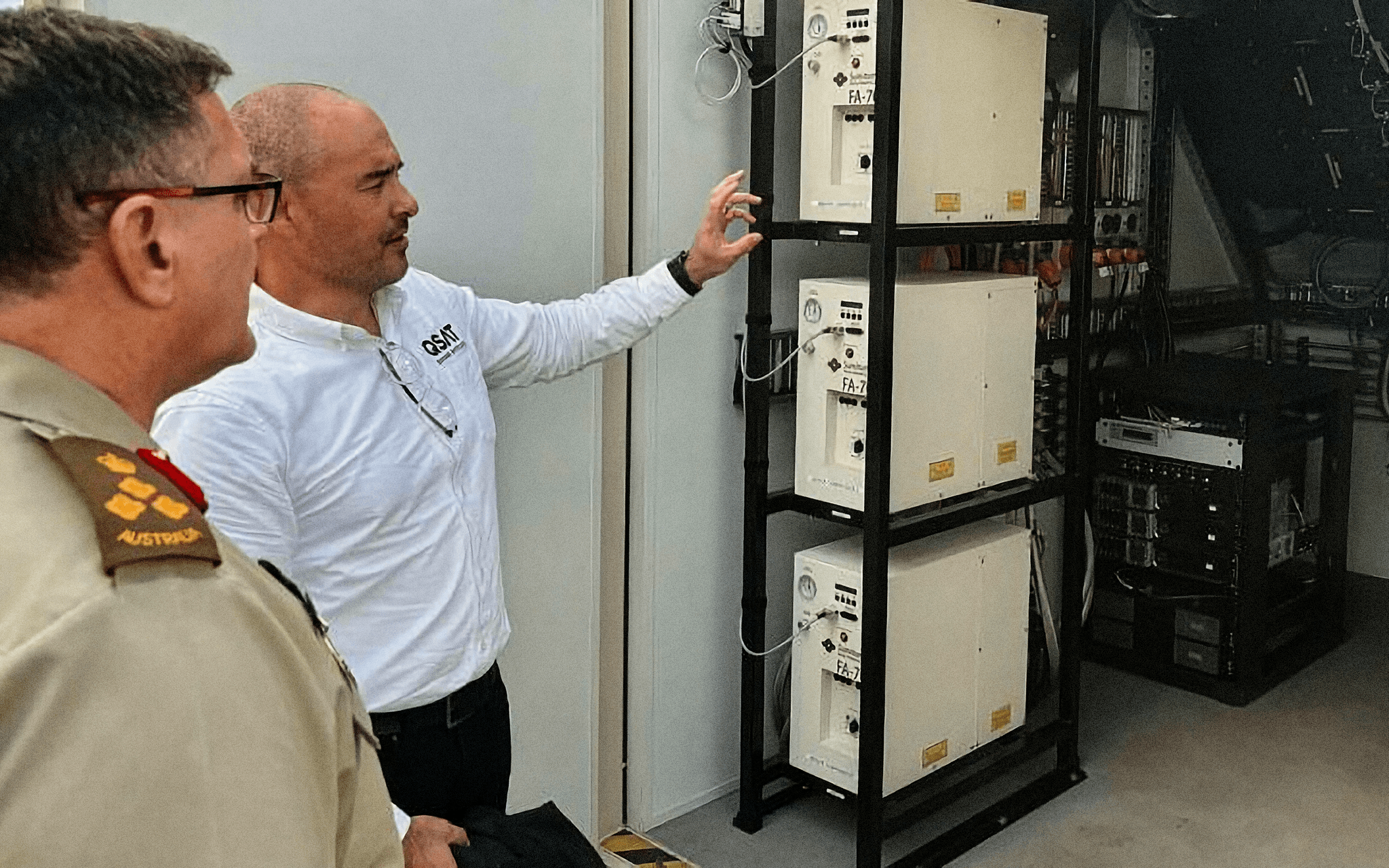Director General Space Capability, Brigadier Hamish Ashman, and CEO of QSAT, Sean McCawley, at the SkyDome Space Domain Awareness sensor in South Australia.