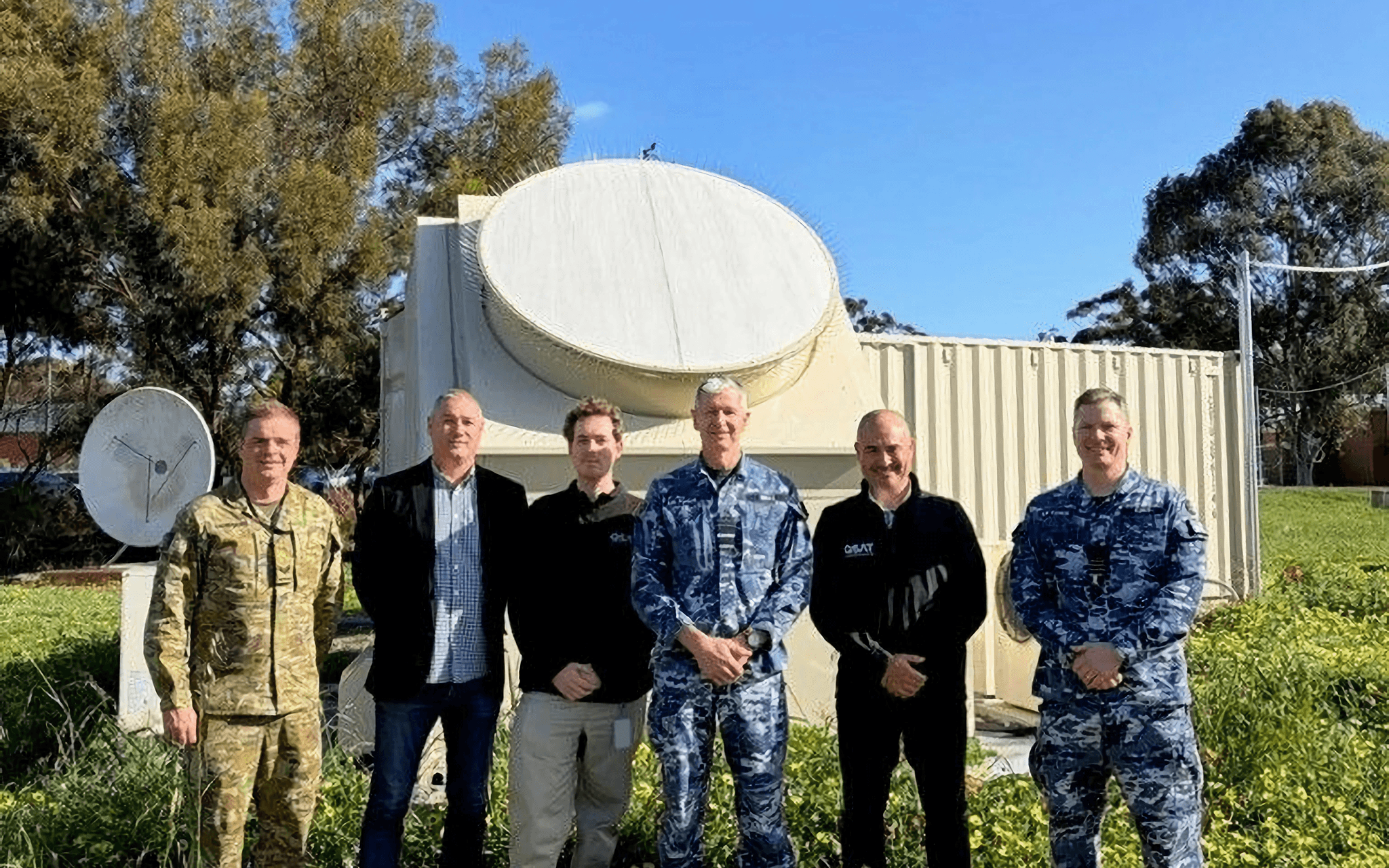 Chief of Joint Capabilities, Air Marshal Glen Braz AM CSC DSM; CEO of QSAT, Sean McCawley; QSAT Software Engineer, Oliver Bickerton; and other AM, CSC, DSM, and ADF representatives at the SkyDome Space Domain Awareness sensor in South Australia.